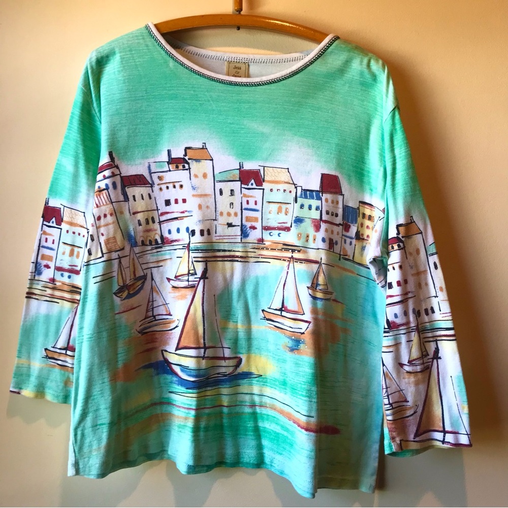 Vintage Jess & Jane scenic Riviera print tunic top XL